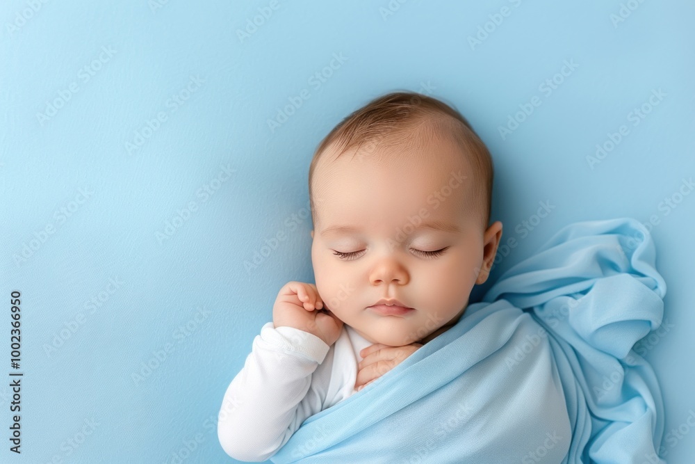 Peaceful newborn sleeping wrapped in blue blanket on soft background Peaceful newborn sleeping wrapped in blue blanket on soft background