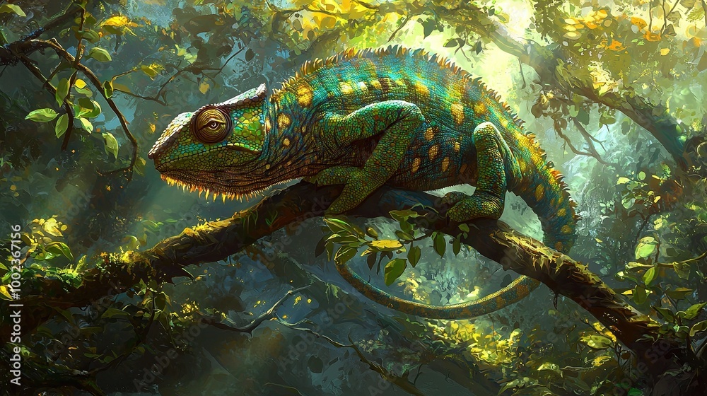Chameleon on tree branch in forest Chameleon on tree branch in forest