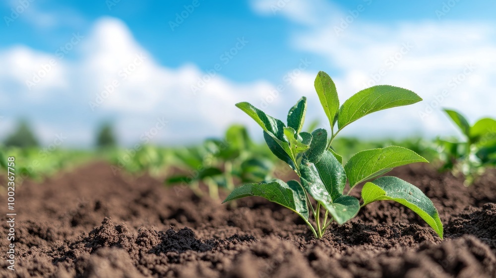Young Plant Growing in Fertile Soil Under a Bright Blue Sky on a Sunny Day in a Rural Field Young Plant Growing in Fertile Soil Under a Bright Blue Sky on a Sunny Day in a Rural Field