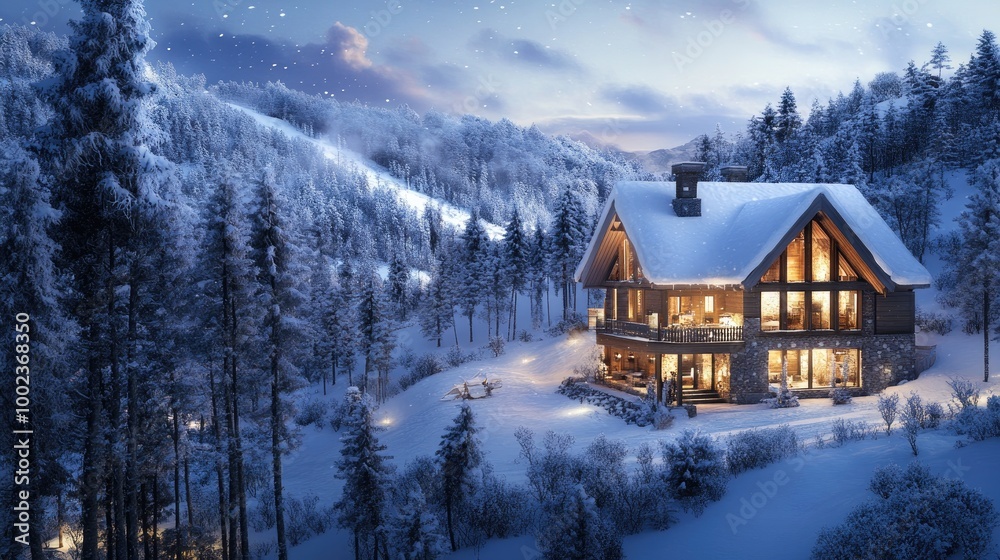 a luxurious winter vacation cabin in the mountains, surrounded by snow-covered trees and a stunning view of the landscape. a luxurious winter vacation cabin in the mountains, surrounded by snow-covered trees and a stunning view of the landscape.