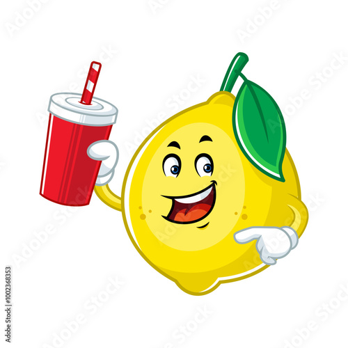 Funny cartoon lemon mascot holding a soda drink with a straw.