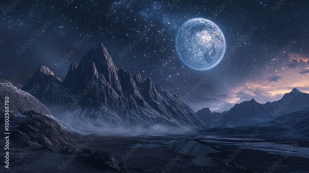 Majestic Mountains Under a Starry Sky, an awe-inspiring panorama of towering peaks illuminated by a gentle moonlight, showcasing the beauty of nature's night canvas. Majestic Mountains Under a Starry Sky, an awe-inspiring panorama of towering peaks illuminated by a gentle moonlight, showcasing the beauty of nature's night canvas.