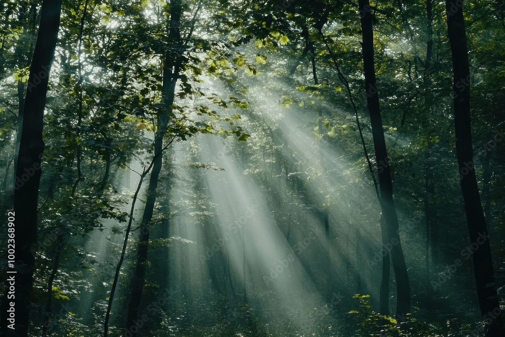 Fototapeta premium Sun rays penetrate through the trees in a dense forest.