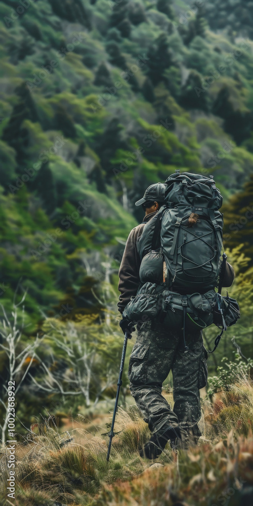 Backpacker Trekking Rugged Terrain with High-Tech Display of Tactical Hunting Strategies Backpacker Trekking Rugged Terrain with High-Tech Display of Tactical Hunting Strategies