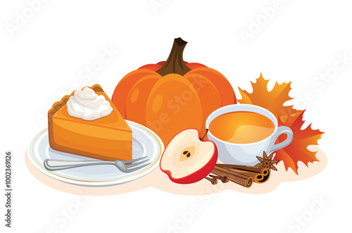 Pumpkin pie with whipped cream and cup of tea, apple and cinnamon vector illustration. Autumn decoration with cake, tea and pumpkin icon set isolated on a white background. Fall still life vector