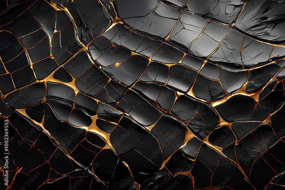 Cracked black rock texture with gold filled in the gaps