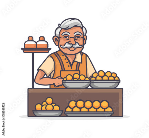 A smiling cartoon man selling sweets at a small stall. The vendor is serving traditional Indian sweets and has a friendly and welcoming appearance.