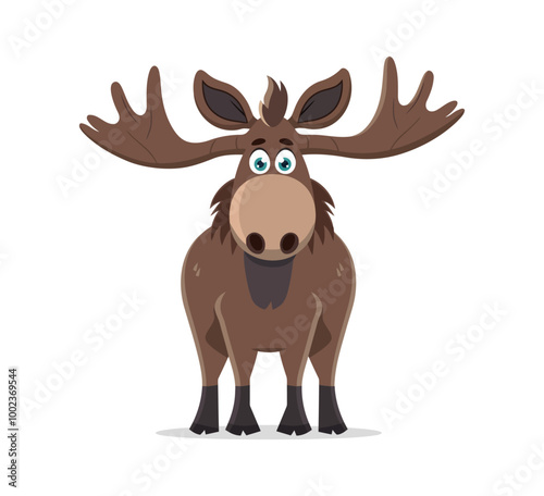 A cartoon moose standing with big antlers and wide eyes, giving it a fun and approachable look. The moose has brown fur and a playful expression.