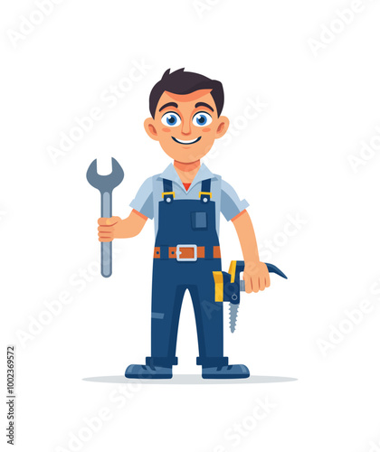 A cheerful cartoon Mechanic, handyman holding a wrench and a power drill, dressed in overalls, ready for repairs. He has a confident smile and appears hardworking and friendly.