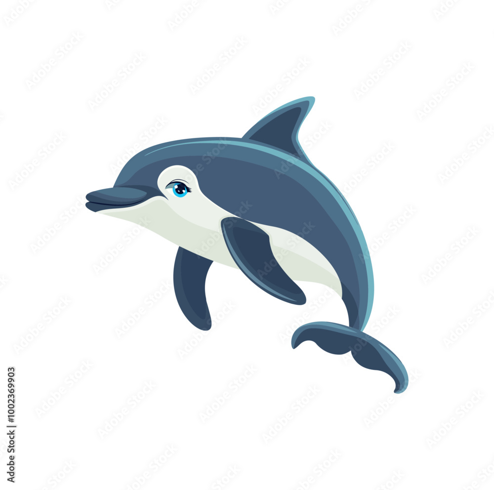 A cheerful cartoon dolphin jumping out of water with a playful and friendly look. The dolphin is light blue and grey in color. A cheerful cartoon dolphin jumping out of water with a playful and friendly look. The dolphin is light blue and grey in color.