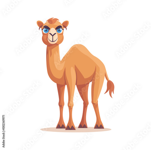 A cartoon camel standing with a cheerful expression and blue eyes. The camel is light brown and shown in a playful, friendly manner