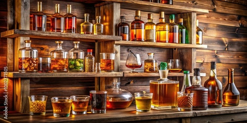 Wallpaper Mural A cozy home interior features a rustic whiskey shelf adorned with assorted bottles and elegant glasses, inviting relaxation and warmth into the space. Torontodigital.ca