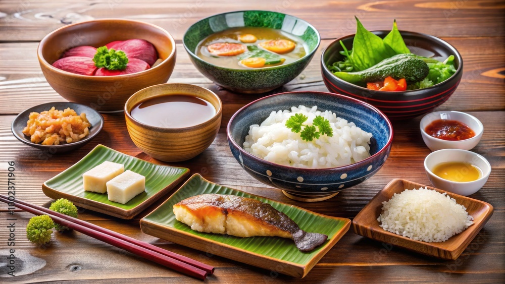 A delightful Japanese breakfast features fluffy rice, comforting miso soup, grilled fish, assorted pickles, and refreshing green tea gracefully displayed on the table. A delightful Japanese breakfast features fluffy rice, comforting miso soup, grilled fish, assorted pickles, and refreshing green tea gracefully displayed on the table.