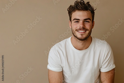 Stylish male smile model posing on a beige background in a white t-shirt looking at the camera, fashionable clothing style, copy space, space for text with generative ai