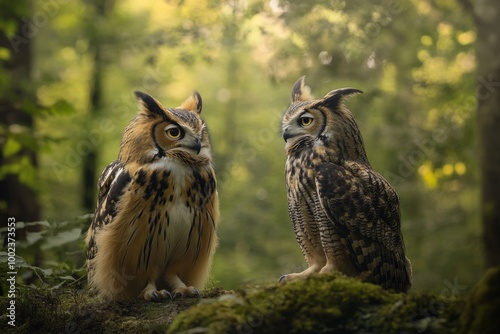 Two majestic owls sit on a mossy log in a lush green forest. Their feathers are detailed and vibrant. This image evokes clarity and calmness. Generative AI photo