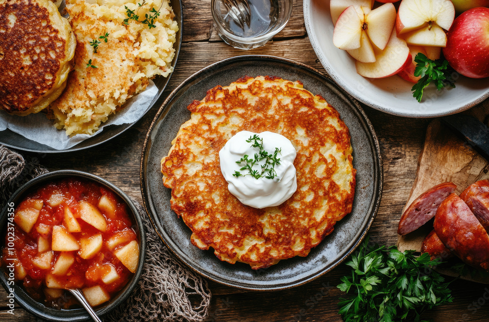 Polish Breakfast with Potato Pancakes and Sour Cream for a Hearty Meal Polish Breakfast with Potato Pancakes and Sour Cream for a Hearty Meal