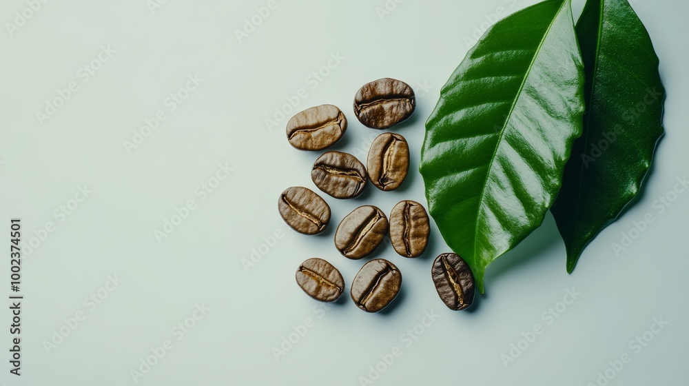 Coffee beans and green leaves on white Coffee beans and green leaves on white