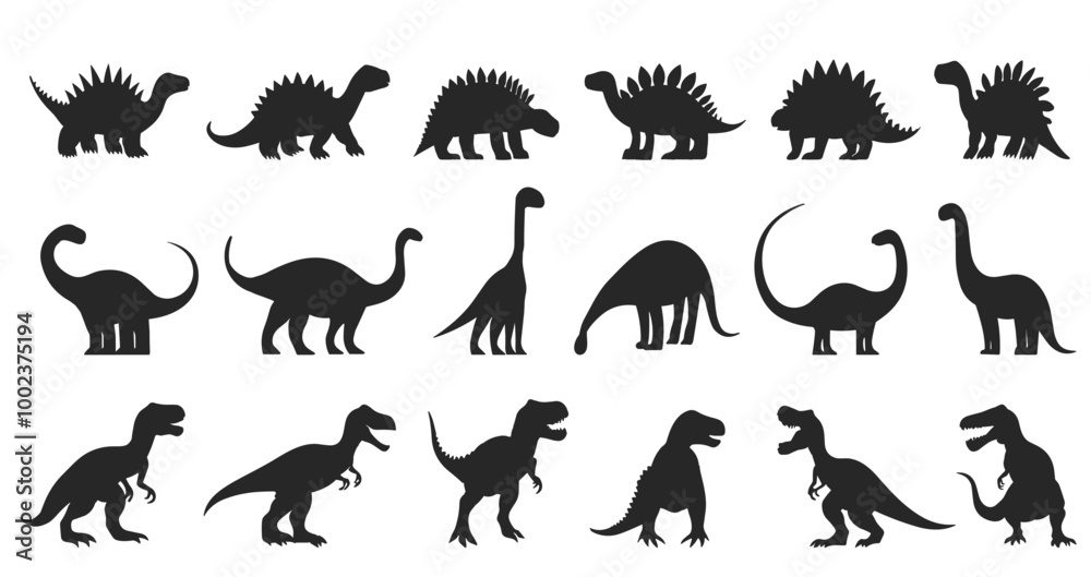 Fototapeta premium Dinosaurus silhouettes black icons set. Stegosaurs Sauropods Tyrannosaurus rex. Herbivores and predators. Ancient wild extinct animals reptiles. Simple black and white flat style isolated vector cli