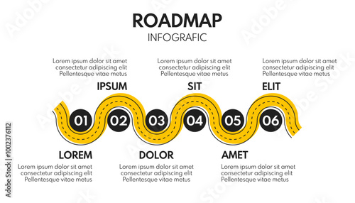 6 steps roadmap, process progress or timeline, road infografic vector template, week personal plan, successful business strategy