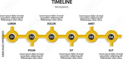 6 steps process progress or timeline, road infografic vector template, week personal plan, successful business strategy