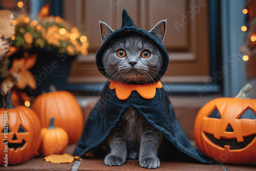 This adorable gray cat is dressed in a black witch hat and cape, sitting next to a beautifully carved pumpkin for Halloween. The cat gazes at the camera with its big, round eyes, ready for spooky fun photo