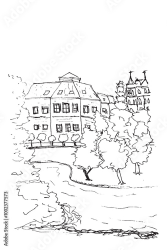 Simple Vector Hand Draw Sketch, Mansion Beyond The Yard