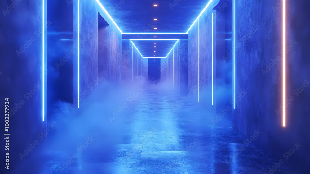Blue Neon Lights 3D Corridor Illustration Blue Neon Lights 3D Corridor Illustration