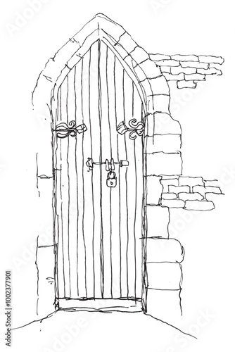 hand draw sketch outline, classic mansion door with old padlock
