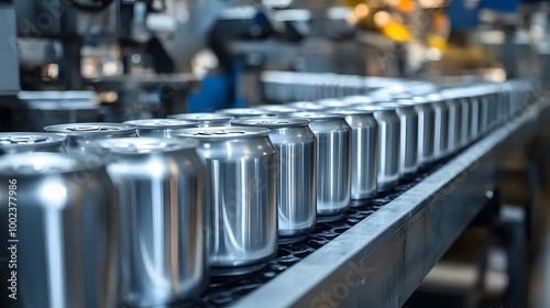 Empty new aluminum cans for drink process in factory line on conveyor belt machine at beverage industrail business concept