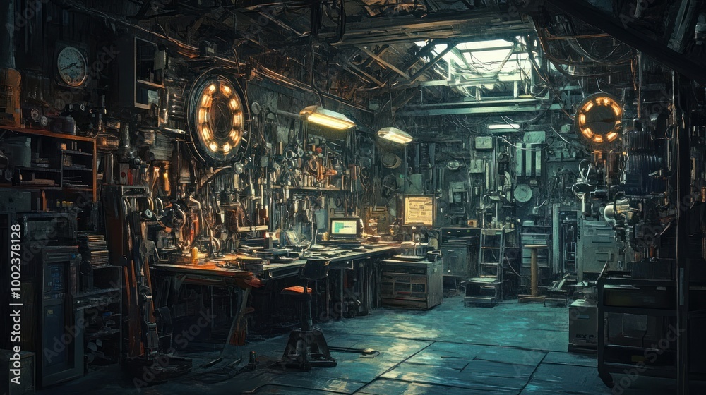 A Cluttered Industrial Workshop with a Skylight and a Dusty Floor A Cluttered Industrial Workshop with a Skylight and a Dusty Floor