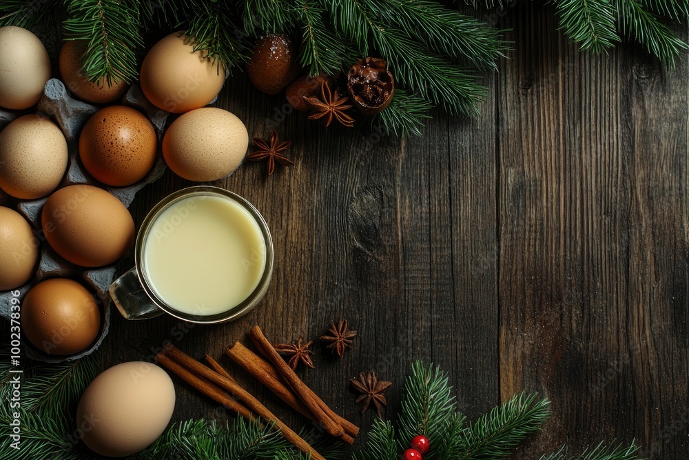 Ingredients for New Year drink eggnog - eggs, milk, cinnamon on dark wooden background top view frame copy space - generative ai Ingredients for New Year drink eggnog - eggs, milk, cinnamon on dark wooden background top view frame copy space - generative ai