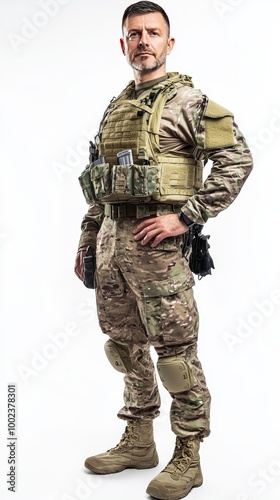 Military Personnel in Tactical Gear Posing Confidently Against a Neutral Backdrop