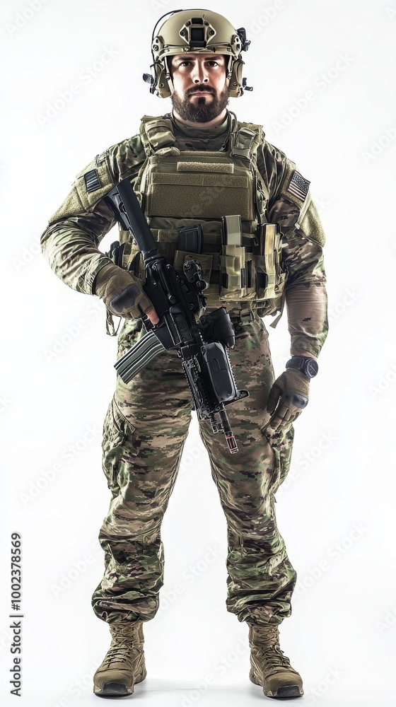 Fototapeta premium Military Personnel in Tactical Gear Holding Rifle on a Plain Background
