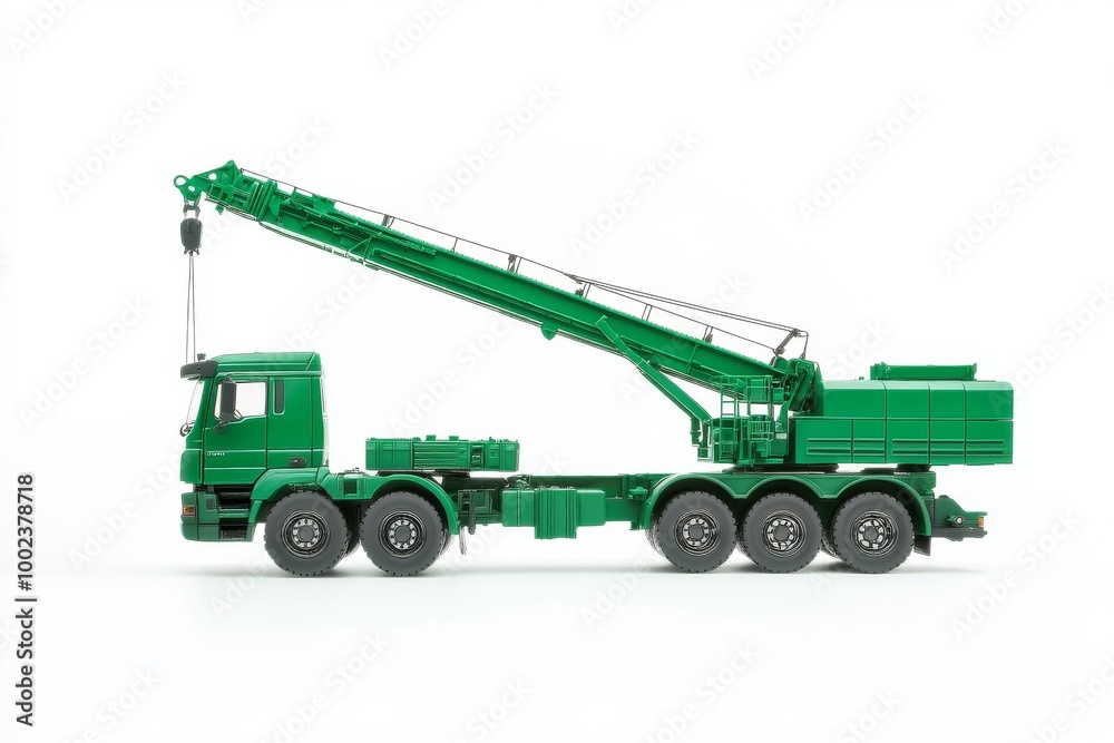 Green Model Truck With Crane Arm Displayed on White Background, Highlighting Its Detailed Design Green Model Truck With Crane Arm Displayed on White Background, Highlighting Its Detailed Design