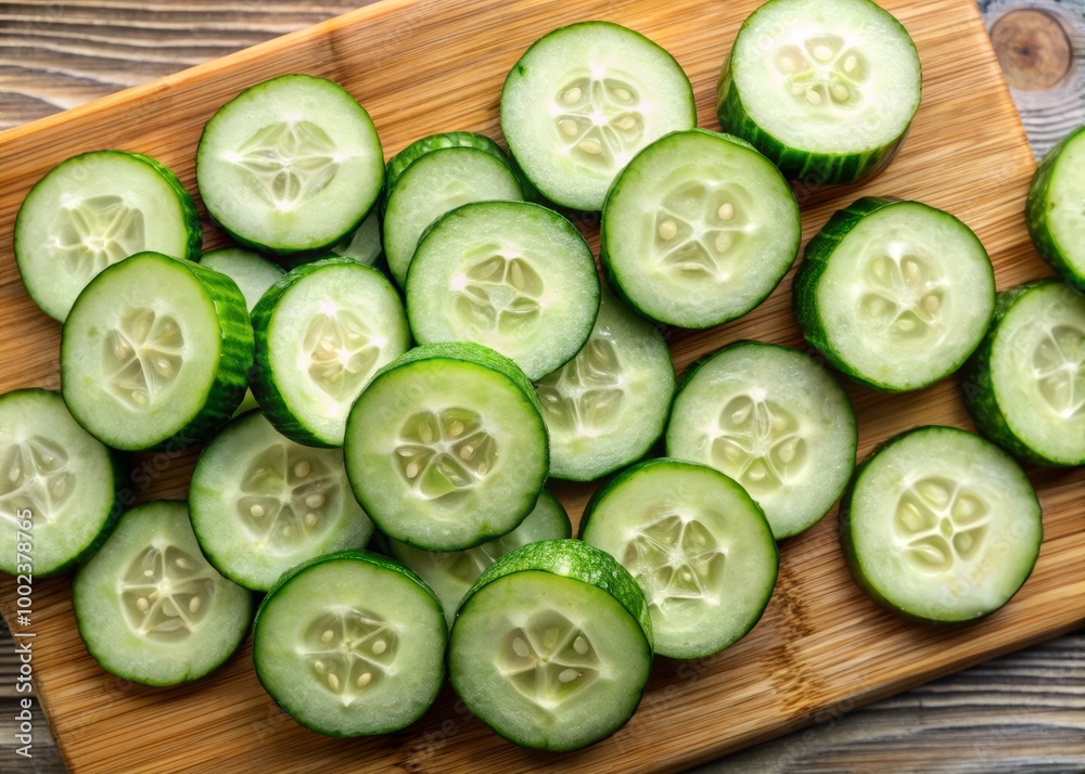 Vibrant cucumber slices rest on a wooden cutting board, highlighting their freshness. An ideal choice for healthy Vibrant cucumber slices rest on a wooden cutting board, highlighting their freshness. An ideal choice for healthy