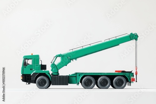 Detailed Green Truck With Crane Arm Displayed Against a Neutral Background