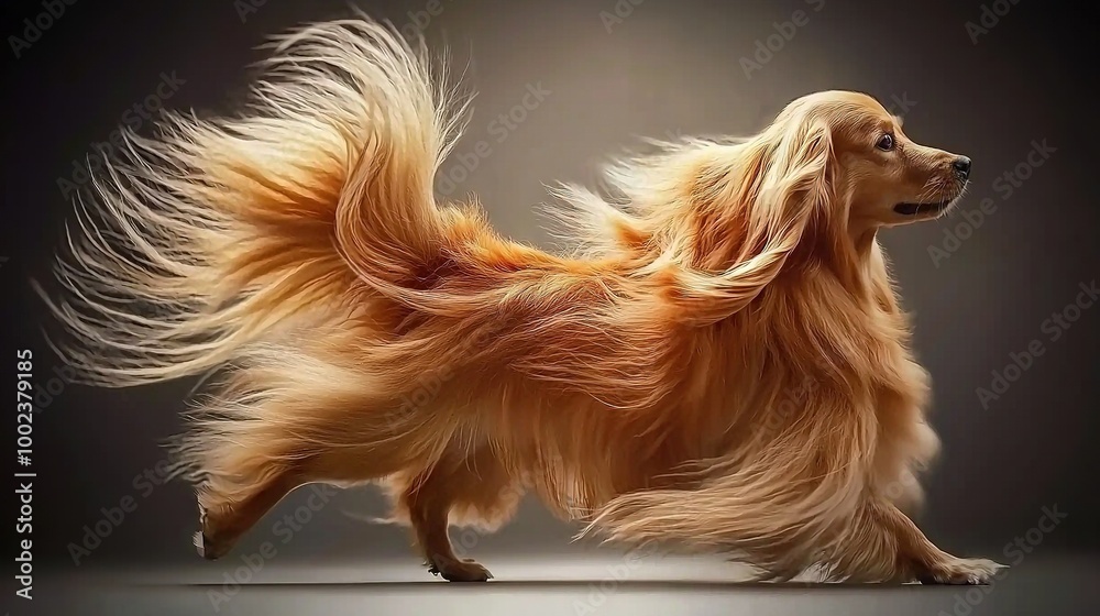 Naklejka premium A dog standing upright with its fur billowing behind its eyes, its gaze closed
