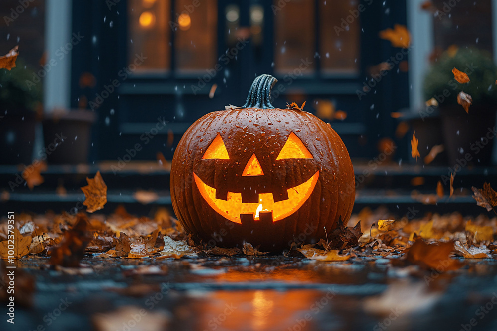 © dyshlivenko - A carved pumpkin with a lit candle inside sits on the concrete and wet leaves in front of the house. It is raining outside. The pumpkin is in focus, and the background is blurred © dyshlivenko - A carved pumpkin with a lit candle inside sits on the concrete and wet leaves in front of the house. It is raining outside. The pumpkin is in focus, and the background is blurred