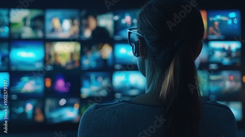 Mujer observando múltiples pantallas en un centro de monitoreo de datos, análisis visual y tecnología avanzada