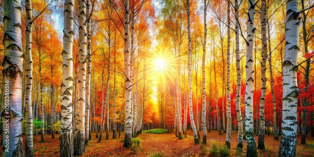 A tranquil birch forest in autumn, vibrant leaves cascade down, while sunlight pierces through the canopy, creating a serene and colorful tapestry of nature. A tranquil birch forest in autumn, vibrant leaves cascade down, while sunlight pierces through the canopy, creating a serene and colorful tapestry of nature.