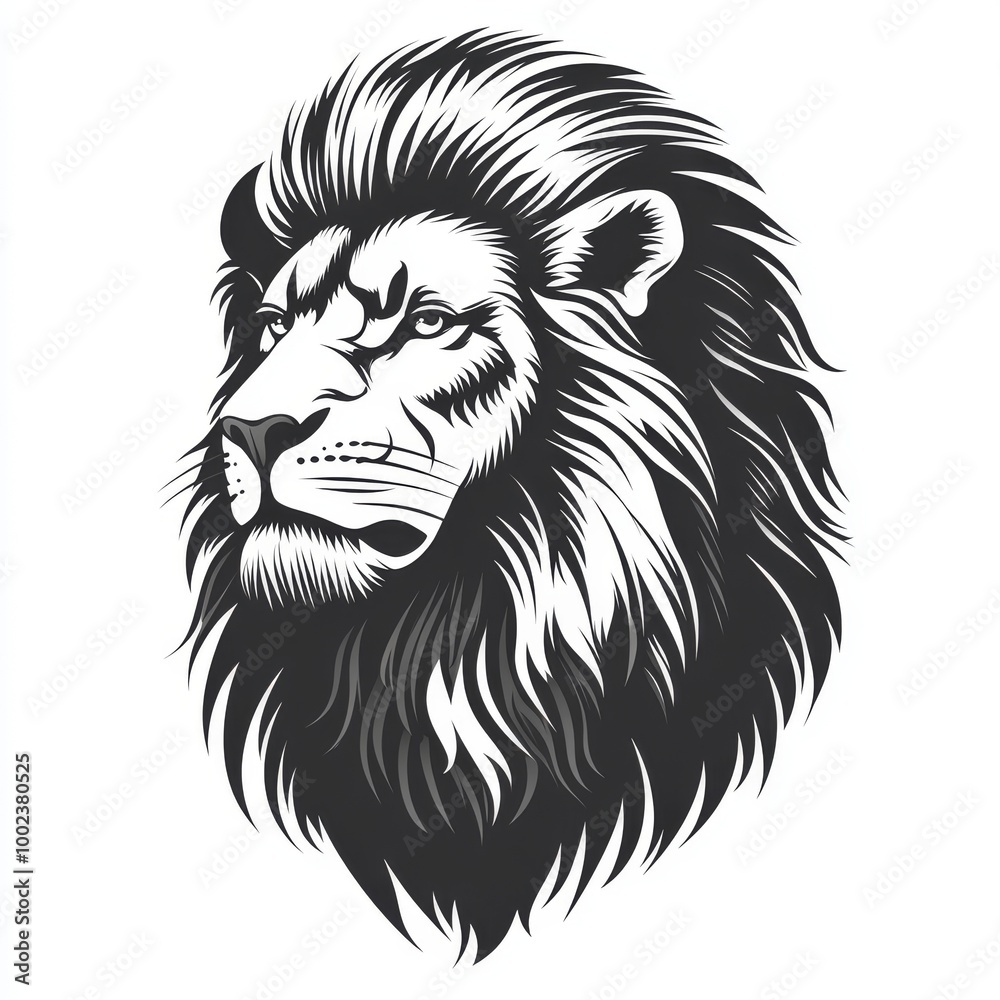 Obraz premium A Detailed Illustration of a Lion's Head Showcasing Its Majestic Mane and Fierce Expression in Monochrome