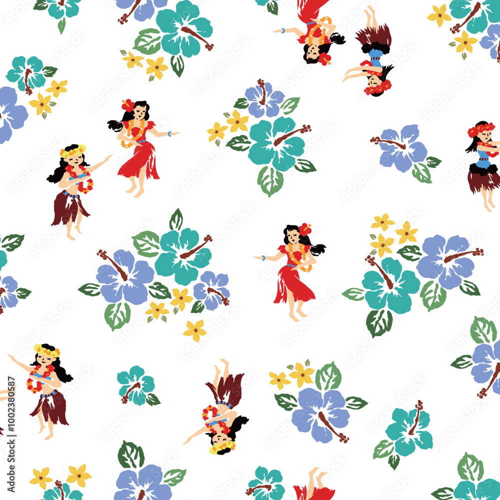 Fototapeta premium Seamless pattern with palm trees and hula dancers,,