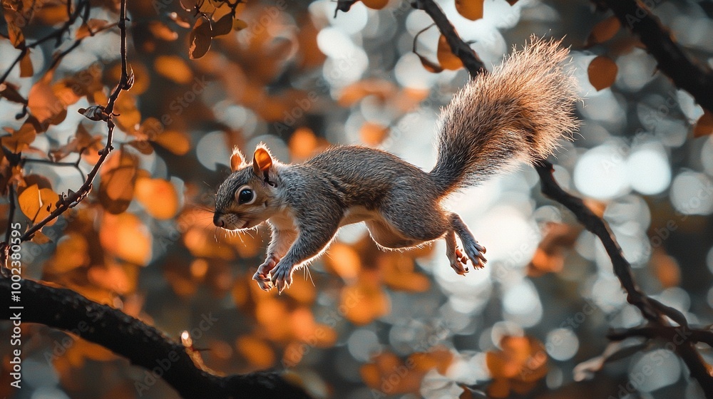 Fototapeta premium A squirrel sits atop a tree limb, its front paws raised high, and tail upright