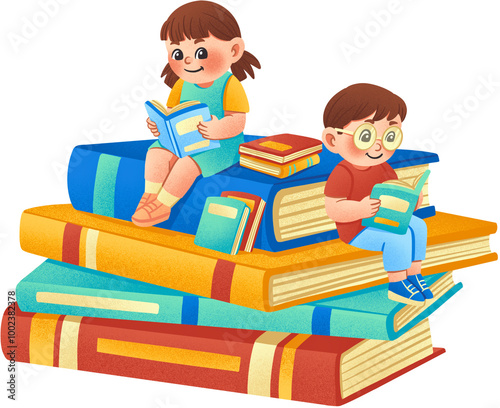 Kids Studying on The Pile Of Books Illustration