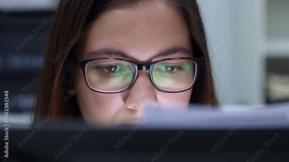 Woman in glasses looking at a computer screen. Woman in glasses looking at a computer screen.