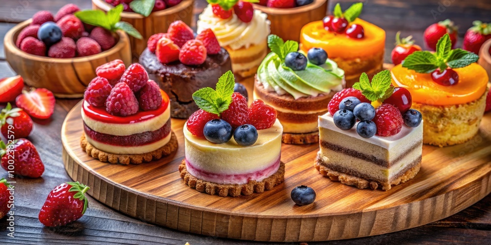 A vibrant selection of delightful cakes displayed on a rustic wooden platter, accented with decorative touches and fresh fruits, creating an inviting and tempting presentation. A vibrant selection of delightful cakes displayed on a rustic wooden platter, accented with decorative touches and fresh fruits, creating an inviting and tempting presentation.