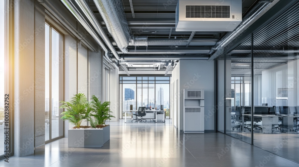 an advanced air conditioning system in a modern office building, providing cool air and maintaining a comfortable working environment.