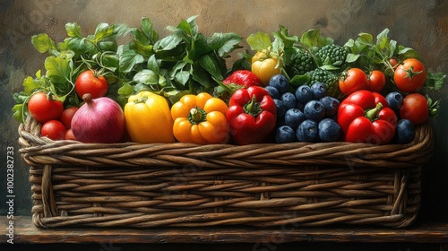 Vibrant Painting of a Variety of Fresh Vegetables and Fruits in a Rustic Wicker Basket