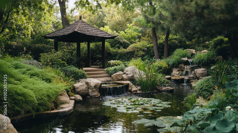 Tranquil Japanese Garden with Wooden Gazebo and Water Features Tranquil Japanese Garden with Wooden Gazebo and Water Features