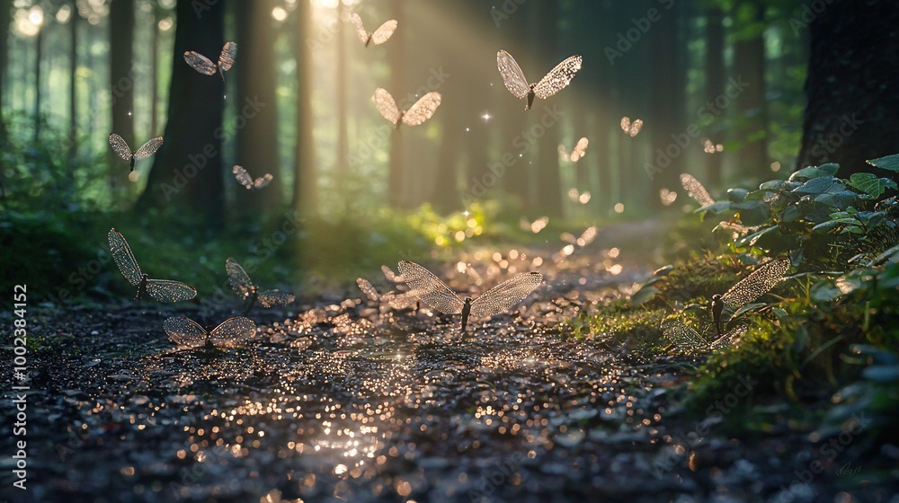 Butterflies flying in the air over a sunlit forest, with leaves on the ground below Butterflies flying in the air over a sunlit forest, with leaves on the ground below